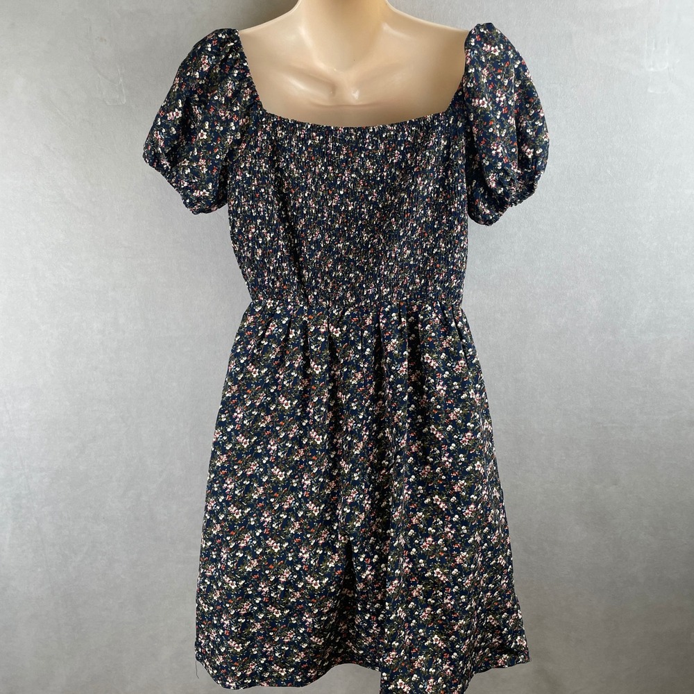 KTKK Inc Navy Ditsy Floral Milkmaid Mini Dress Puff Sleeve Smocked Back Fairy M - Picture 3 of 7